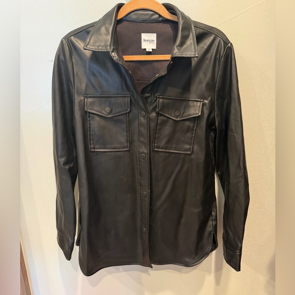 Kensie Black Faux Leather Snap Shirt